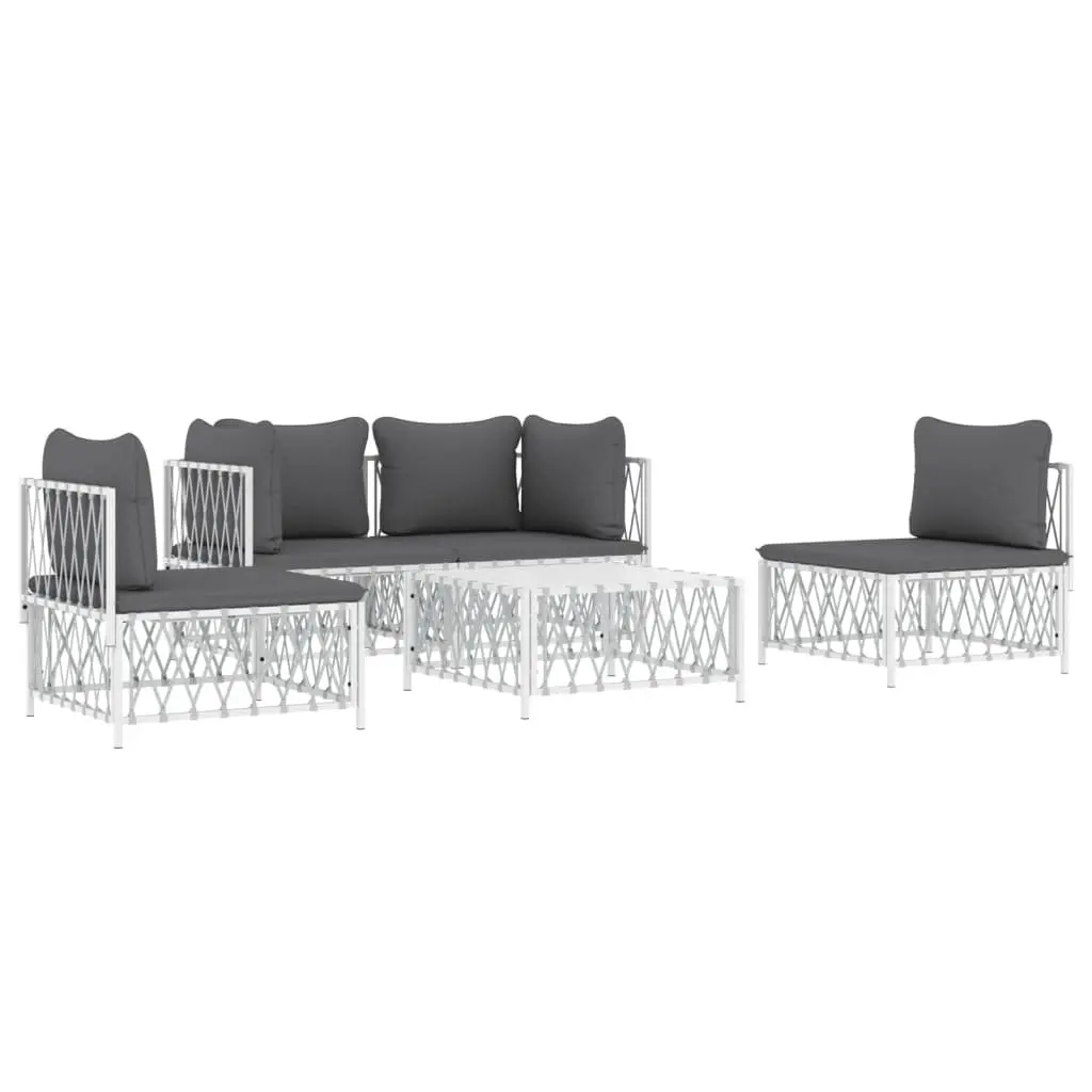 5 Piece Modular Garden Lounge Set with Cushions White Steel Frame Outdoor Furniture