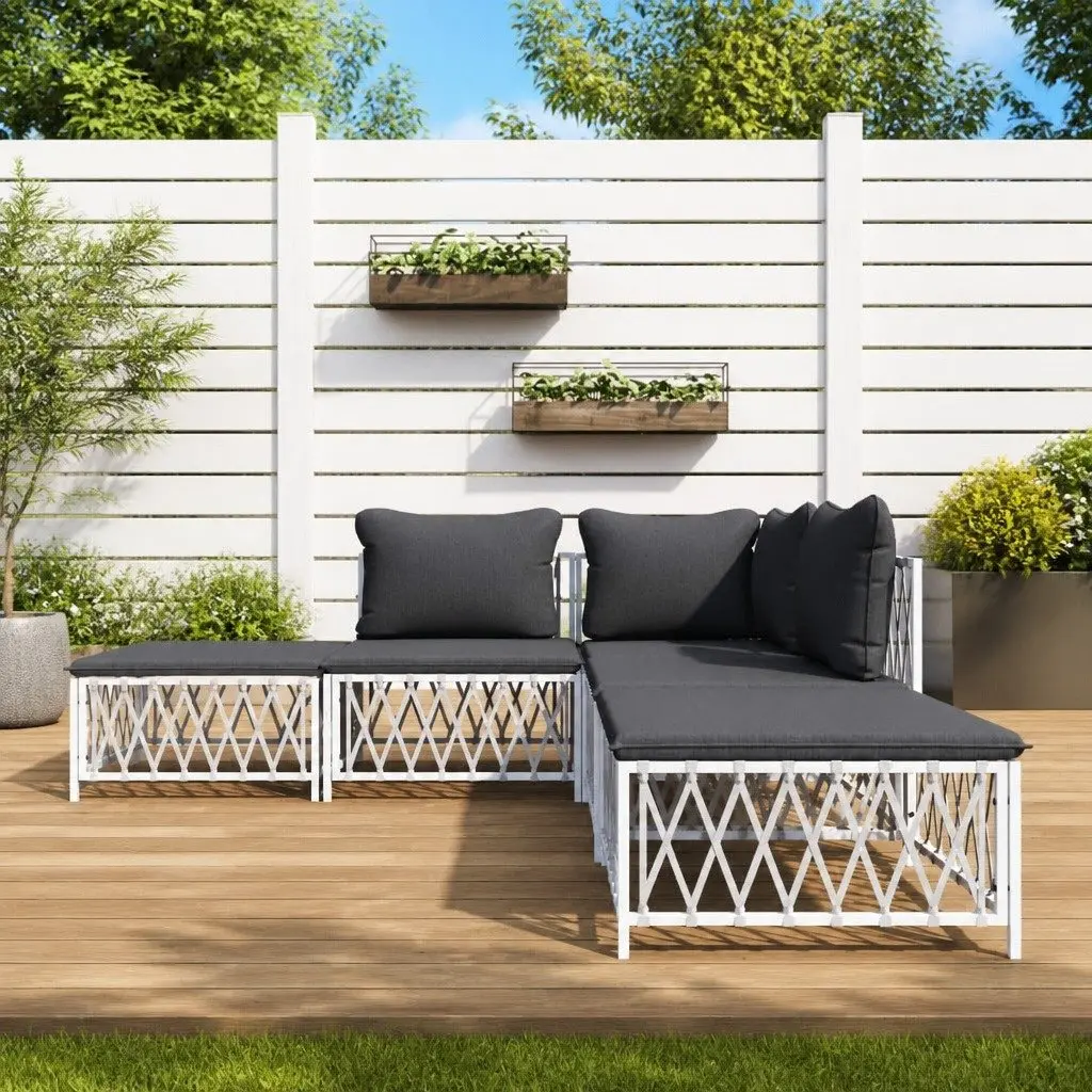 Garden Lounge Set 5 Piece White Outdoor Furniture Sofa with Cushions Steel Frame