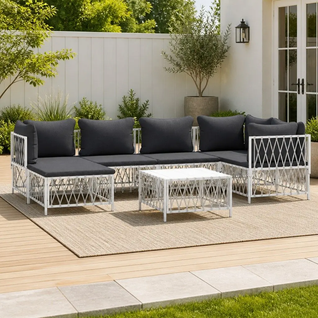 7 Piece Garden Lounge Set White Steel Frame Outdoor Furniture Woven Cushions