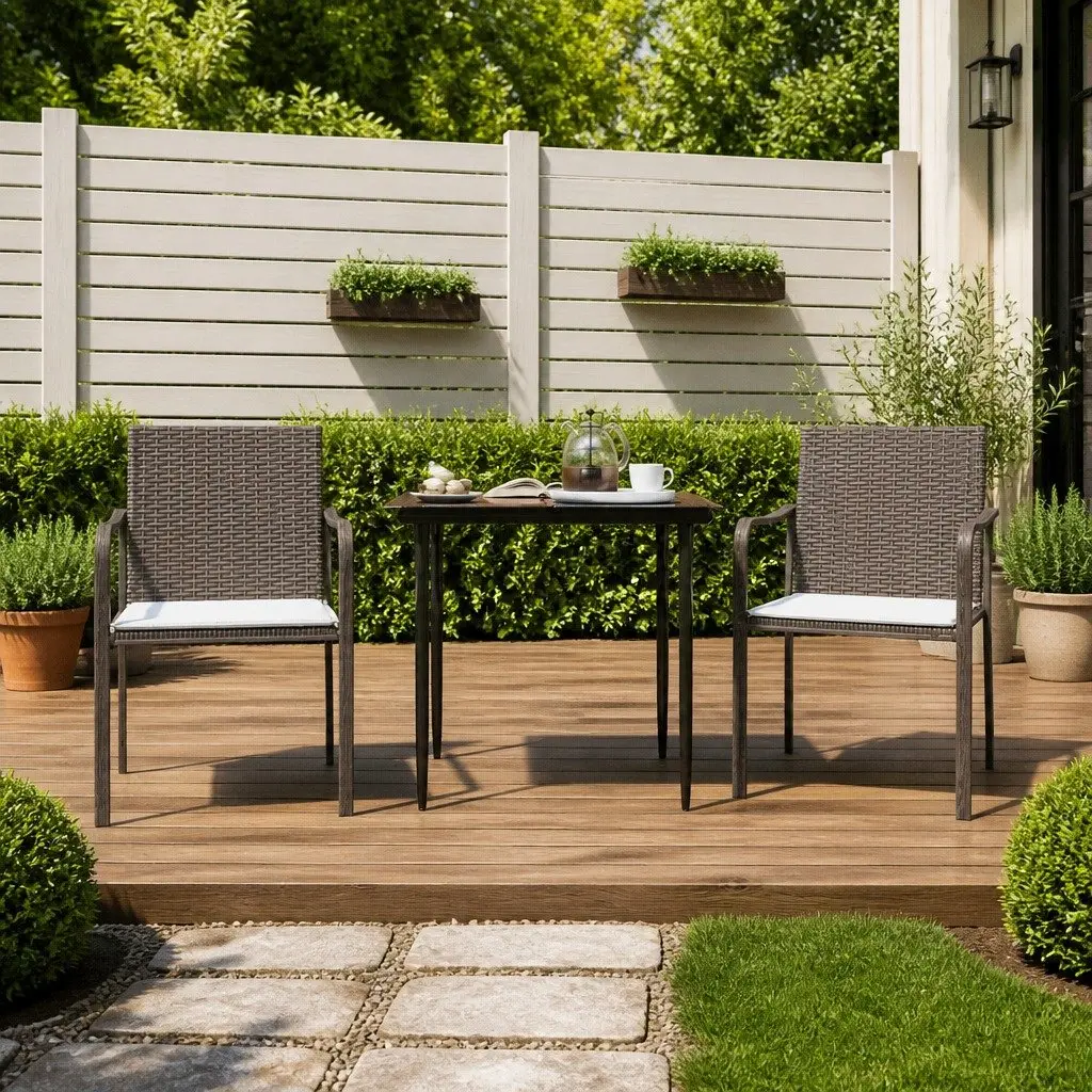 Garden Dining Set Cushioned 3 Piece Outdoor Furniture Poly Rattan Steel Frame