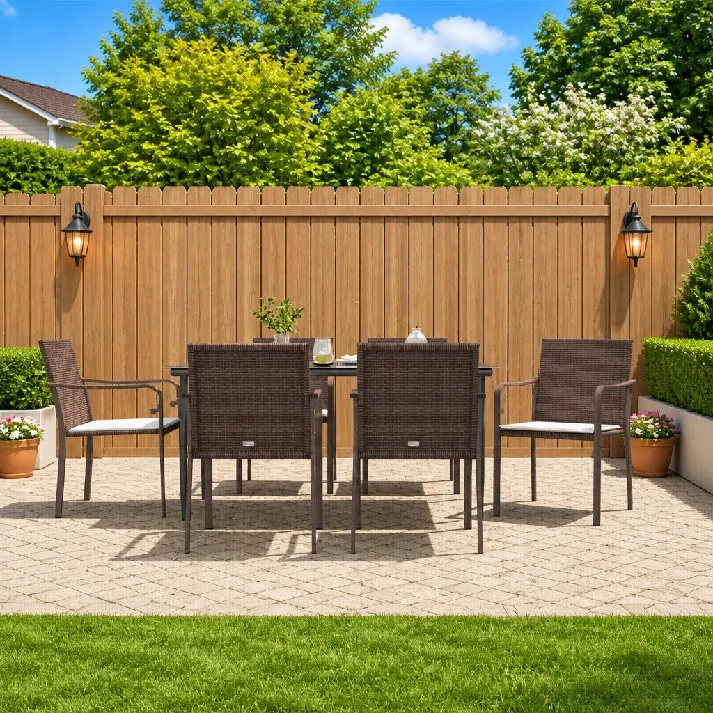 Outdoor Dining Set 7 Piece Weather Resistant Brown PE Rattan Steel Frame