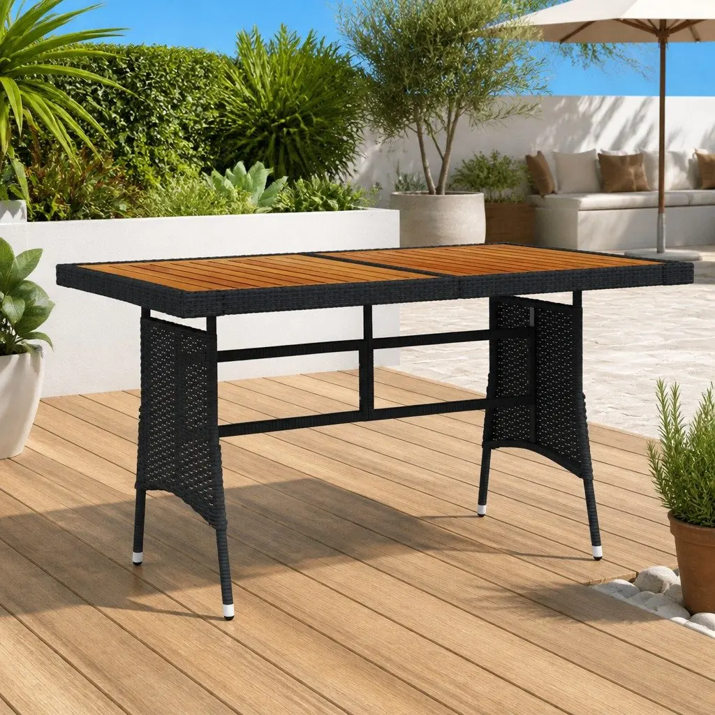 Garden Dining Table Black Acacia Wood PE Rattan Outdoor Patio Furniture 130 x 70 x 72 cm