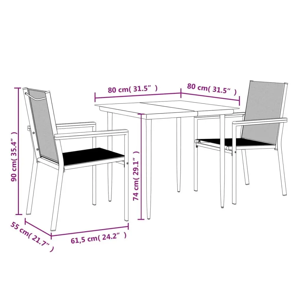 Garden Dining Set Black 3 Piece Outdoor Furniture Patio Table Chairs