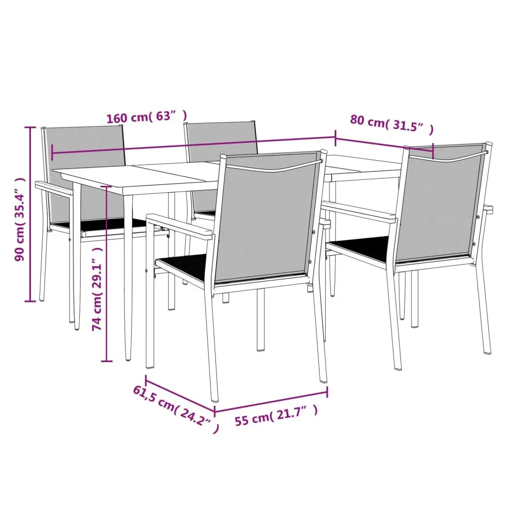 Garden Dining Set Black Textilene Steel Frame 5 Piece