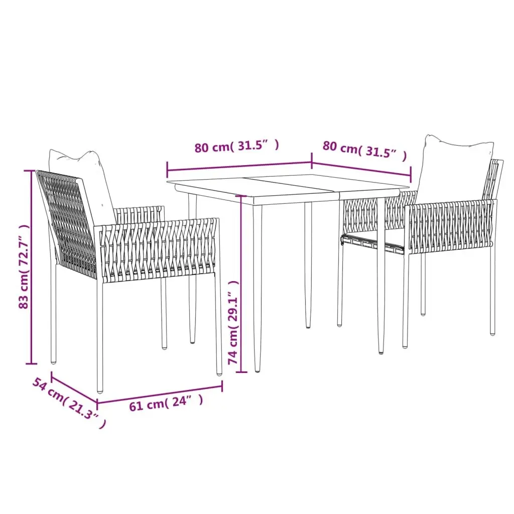 Garden Dining Set 3 Piece Weather Resistant PE Rattan Steel Frame with Cushions