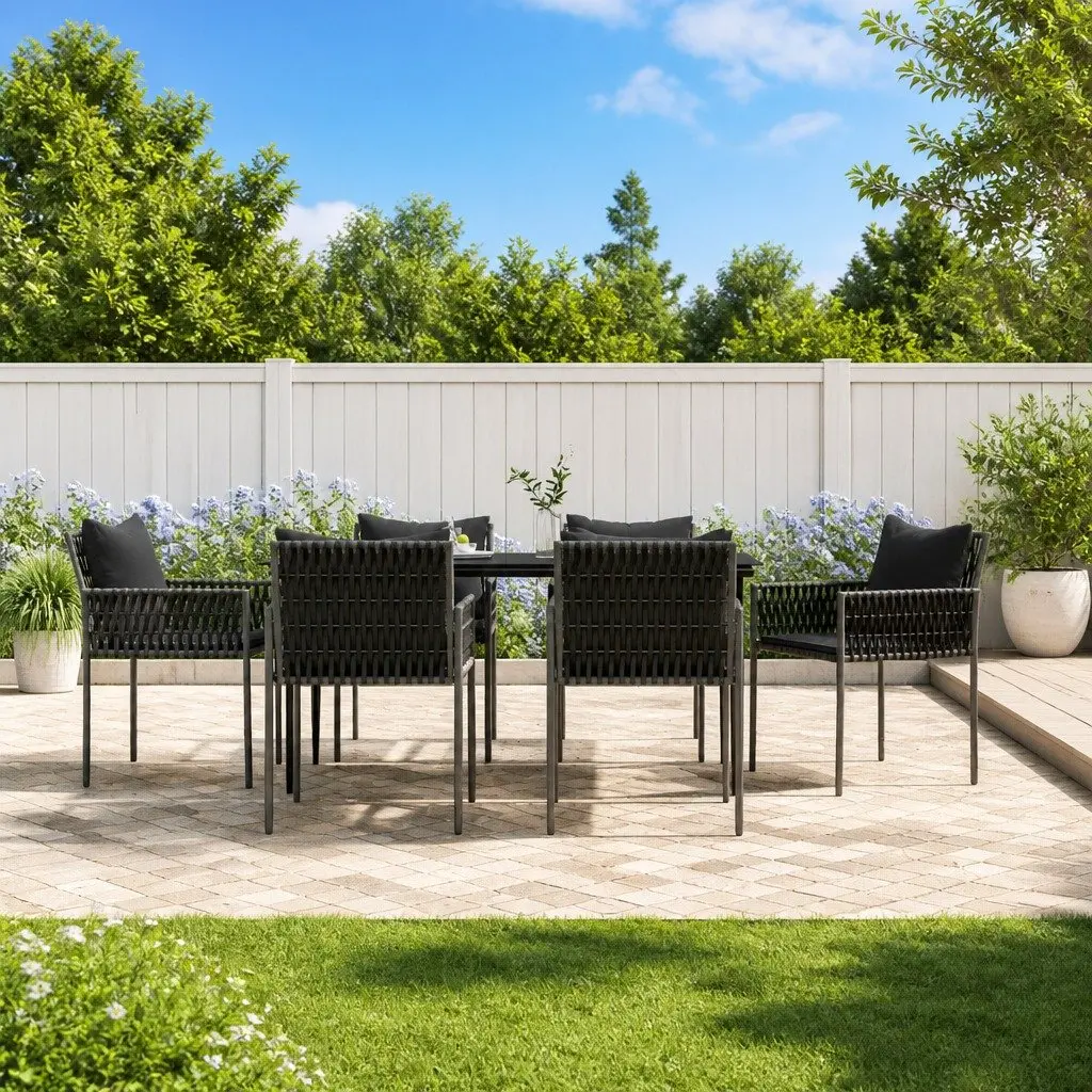 7 Piece Garden Dining Set Poly Rattan Steel Cushions