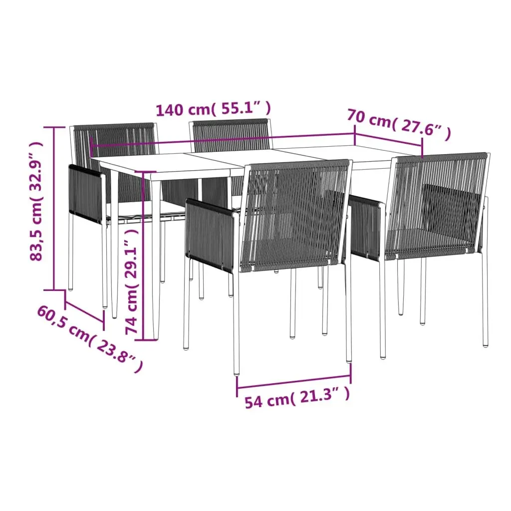 Outdoor Dining Set 5 Piece Black PE Rattan Cushioned Steel Frame
