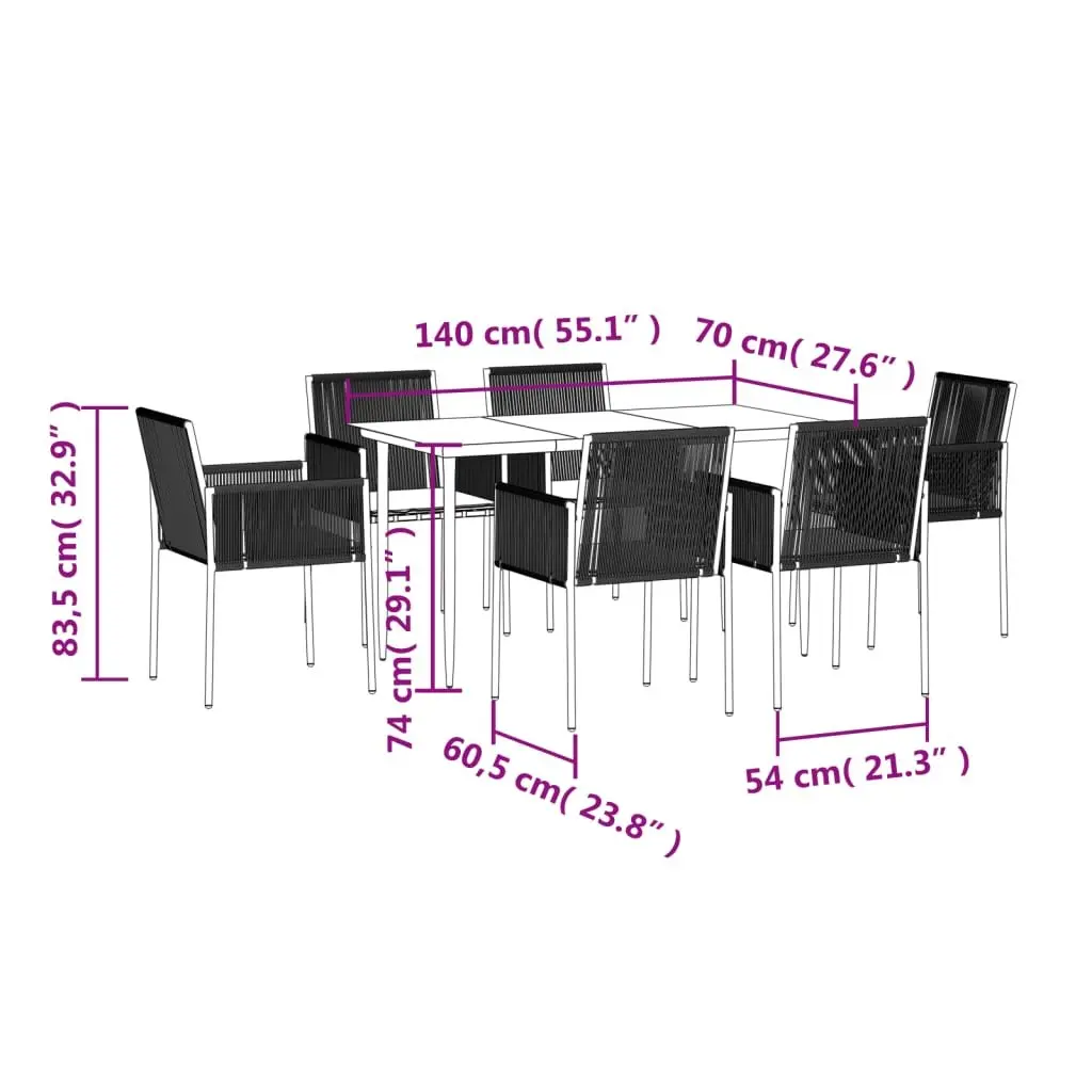 7 Piece Garden Dining Set Outdoor Furniture Black Poly Rattan Steel Frame Chairs