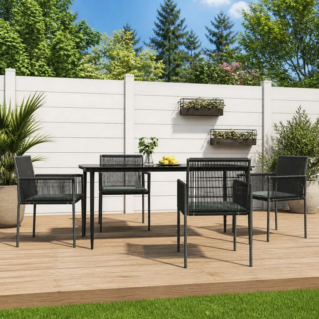 5 Piece Garden Dining Set Black PE Rattan Steel Frame with Tempered Glass Tabletop and Cushioned Chairs