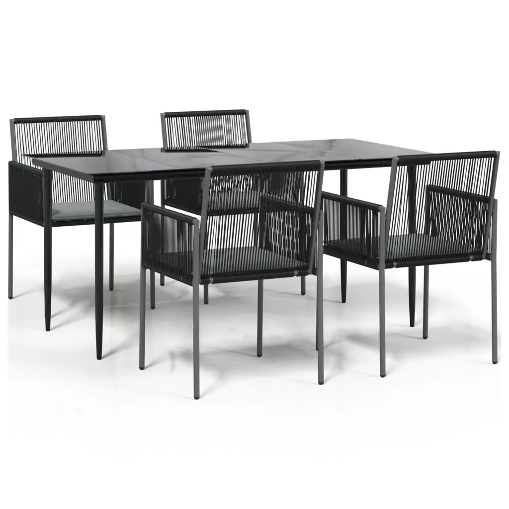 5 Piece Garden Dining Set Black PE Rattan Steel Frame with Tempered Glass Tabletop and Cushioned Chairs