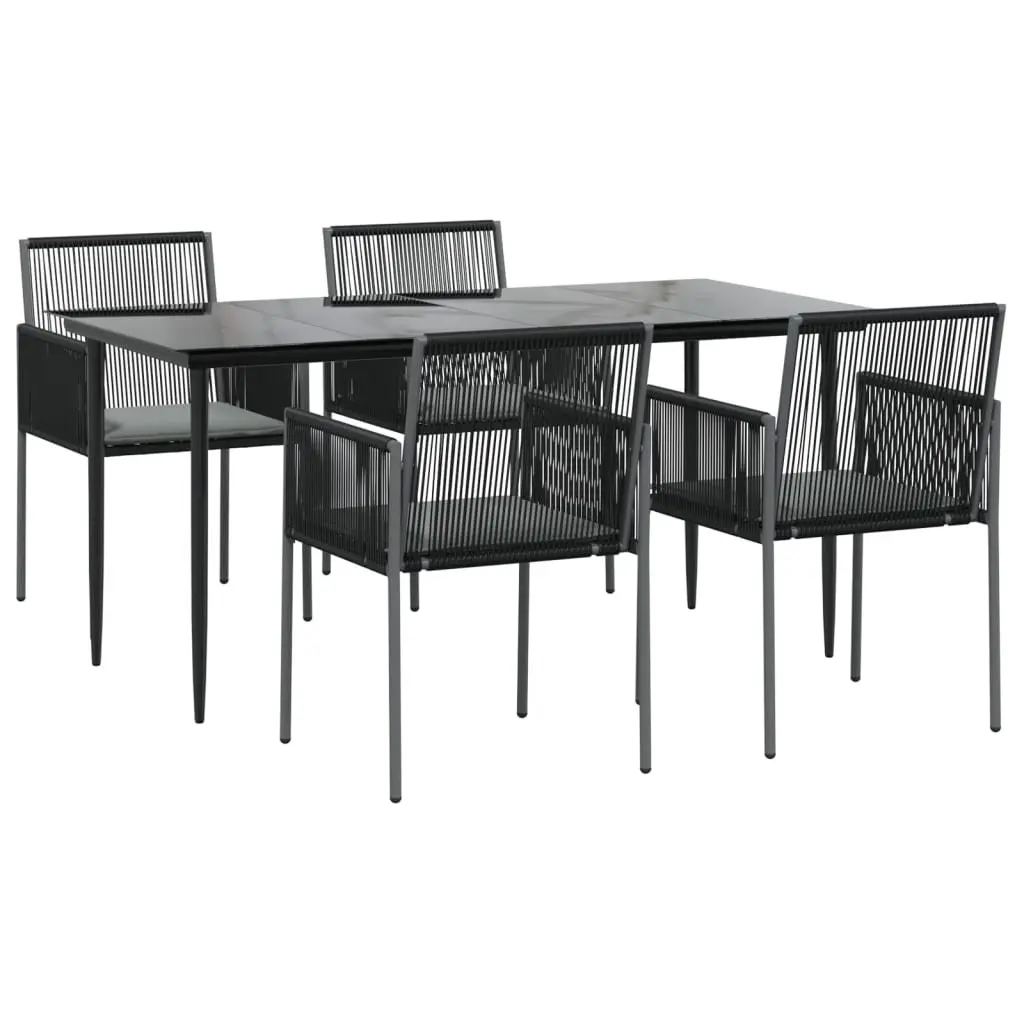 5 Piece Garden Dining Set Black PE Rattan Steel Frame with Tempered Glass Tabletop and Cushioned Chairs