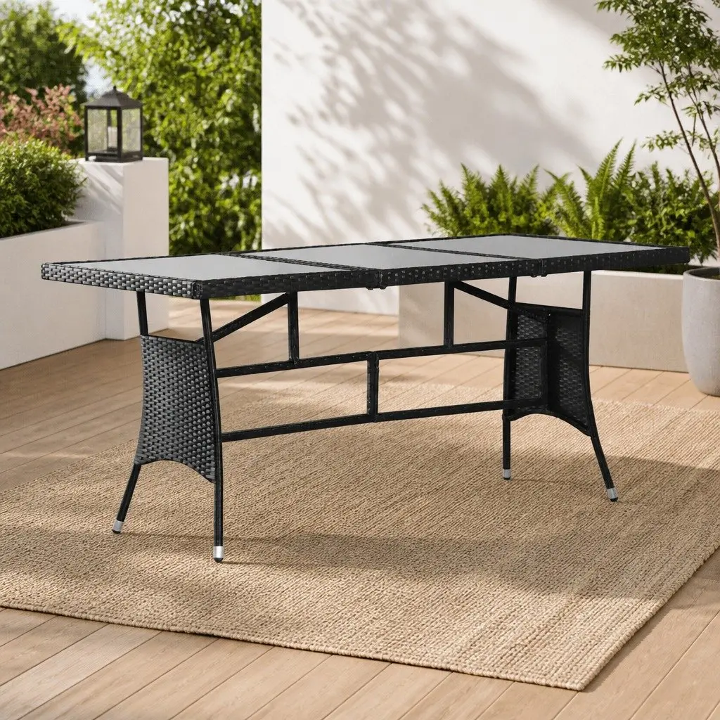 Garden Outdoor Patio Table Black Rattan Glass Top 170x80x74cm Dining Furniture