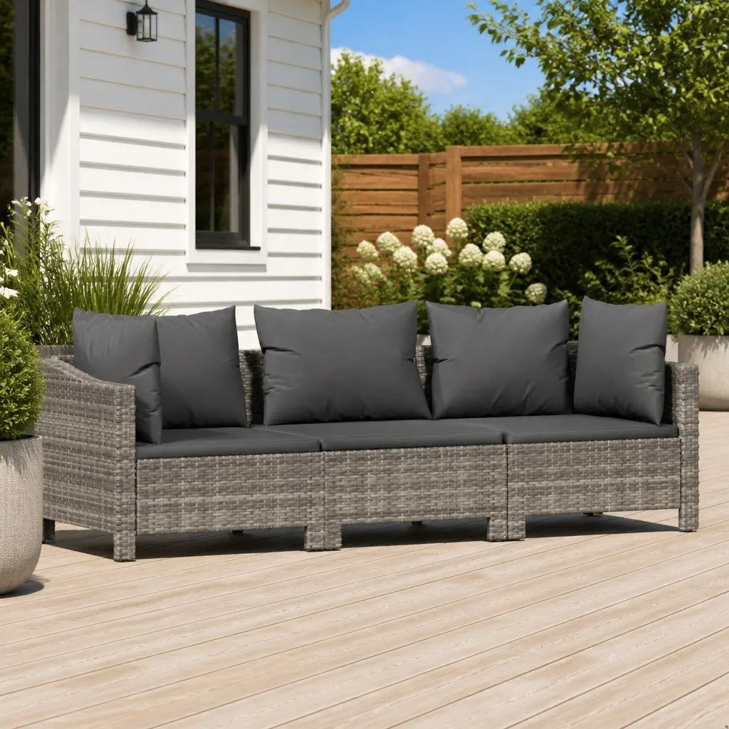 3 Piece Outdoor Garden Lounge Set Grey Poly Rattan with Cushions