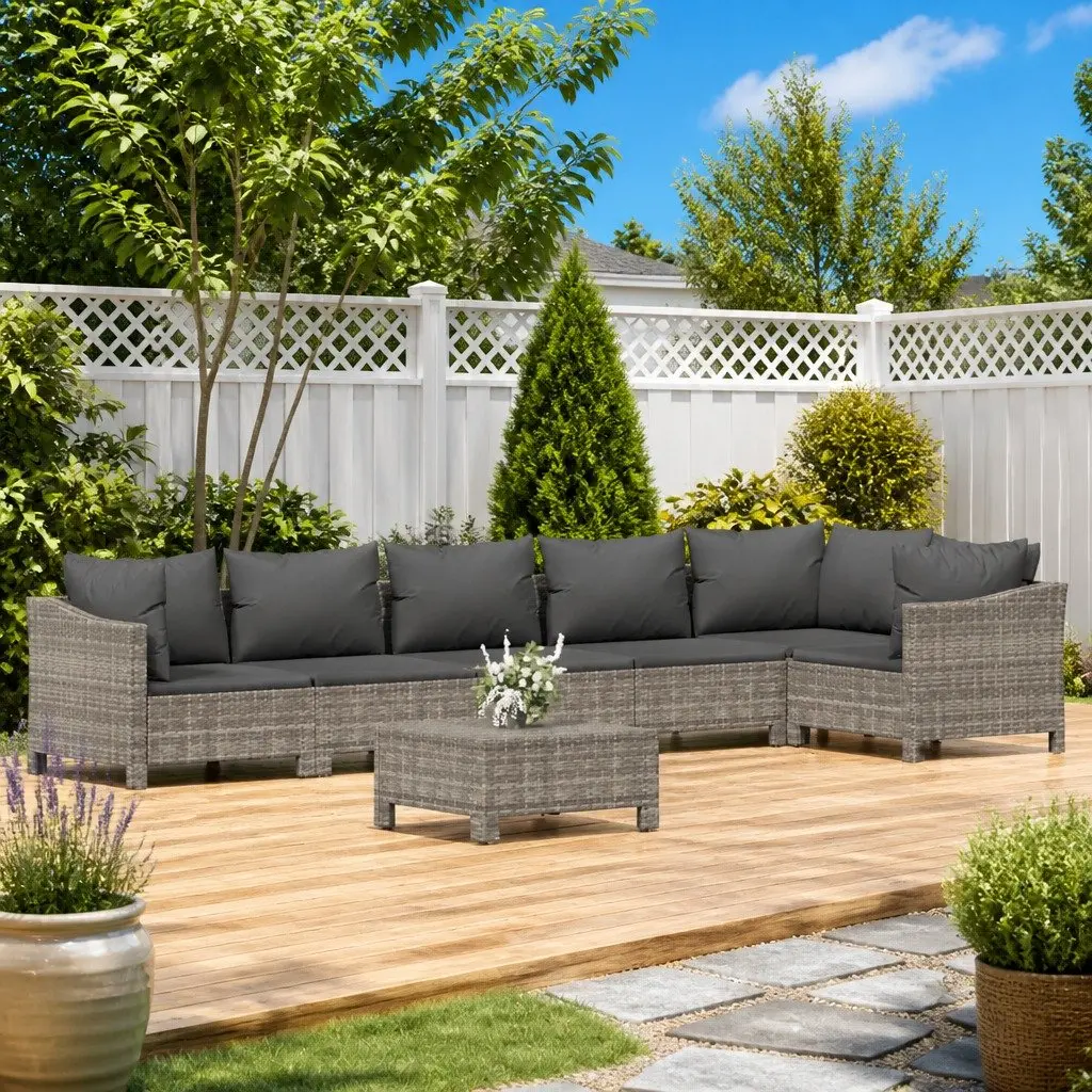 7 Piece Garden Lounge Set Grey Poly Rattan with Cushions