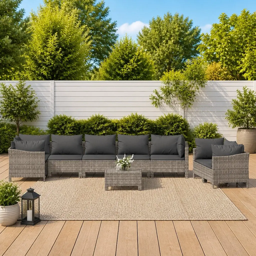 Garden Lounge Set 9 Piece Outdoor Furniture Grey Poly Rattan Cushions Modular