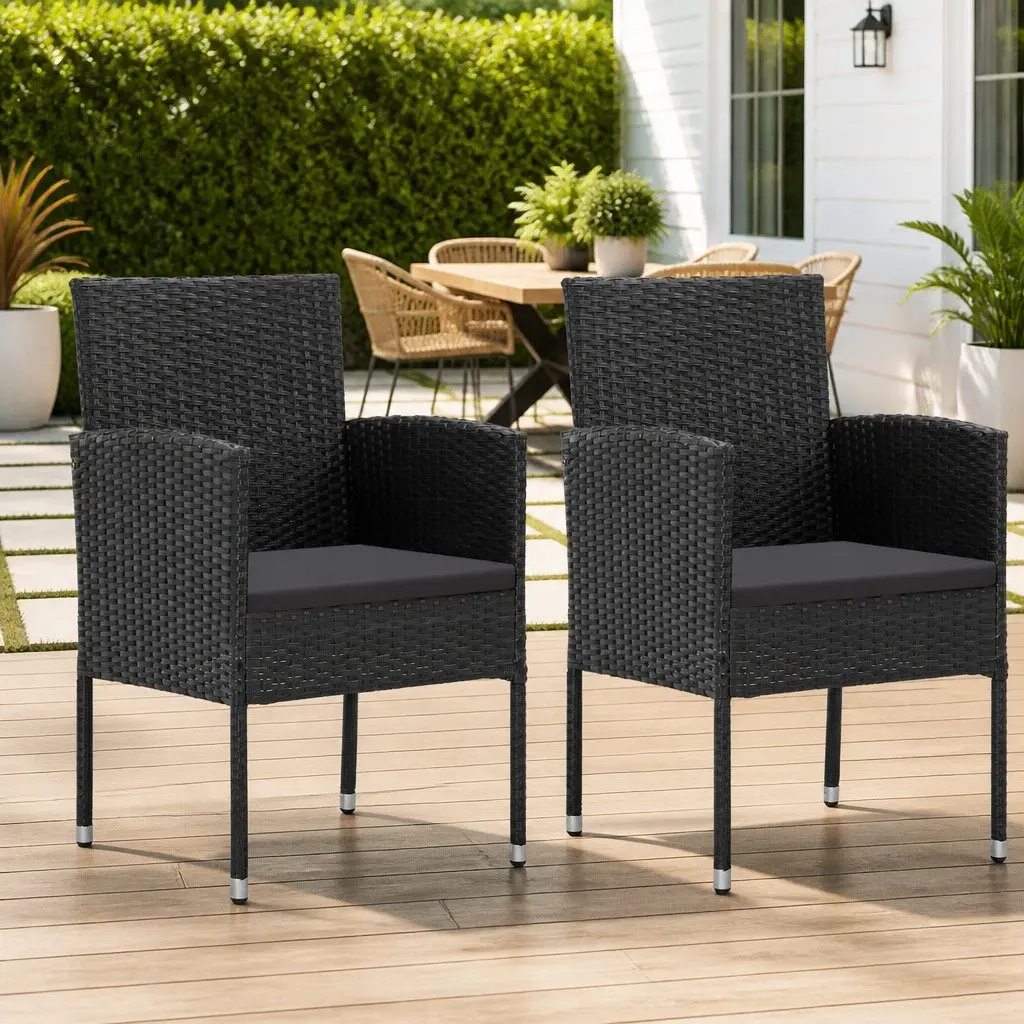 Outdoor Garden Chairs with Cushions 2 pcs Black Poly Rattan Seating Set
