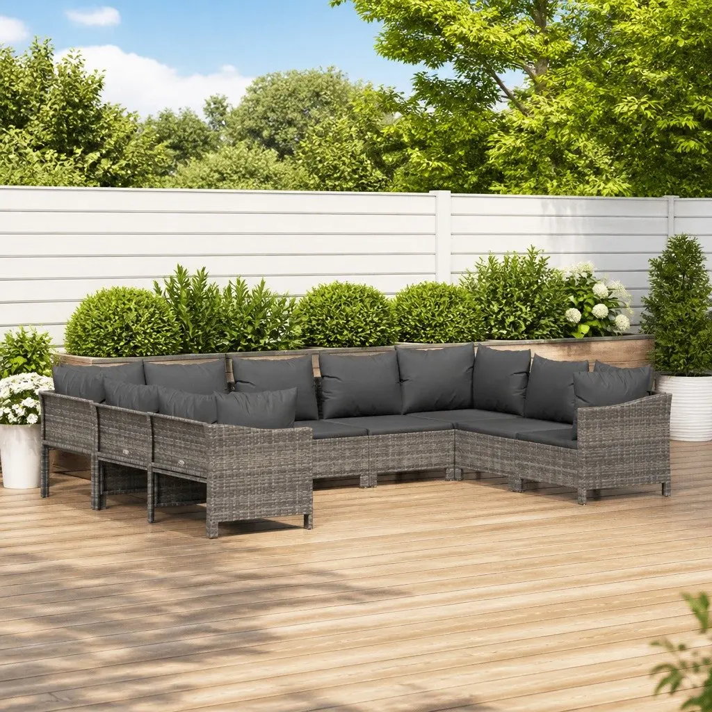 9 Piece Modular Garden Lounge Set Grey PE Rattan Outdoor Furniture with Cushions