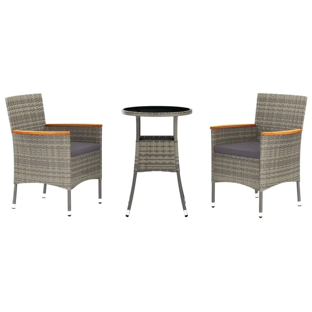 Garden Bistro Set 3 Piece Grey Poly Rattan Chairs Table Cushions Outdoor