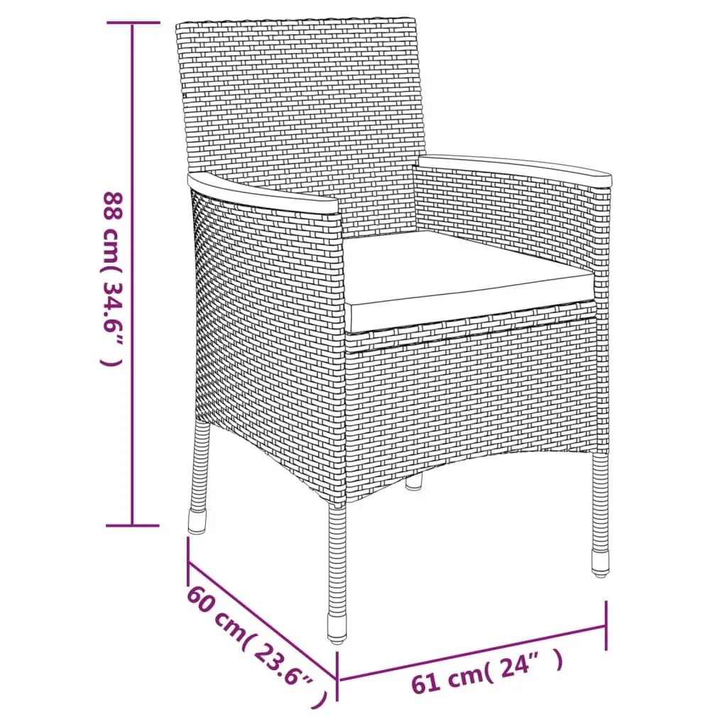 Garden Bistro Set 3 Piece Grey Poly Rattan Chairs Table Cushions Outdoor