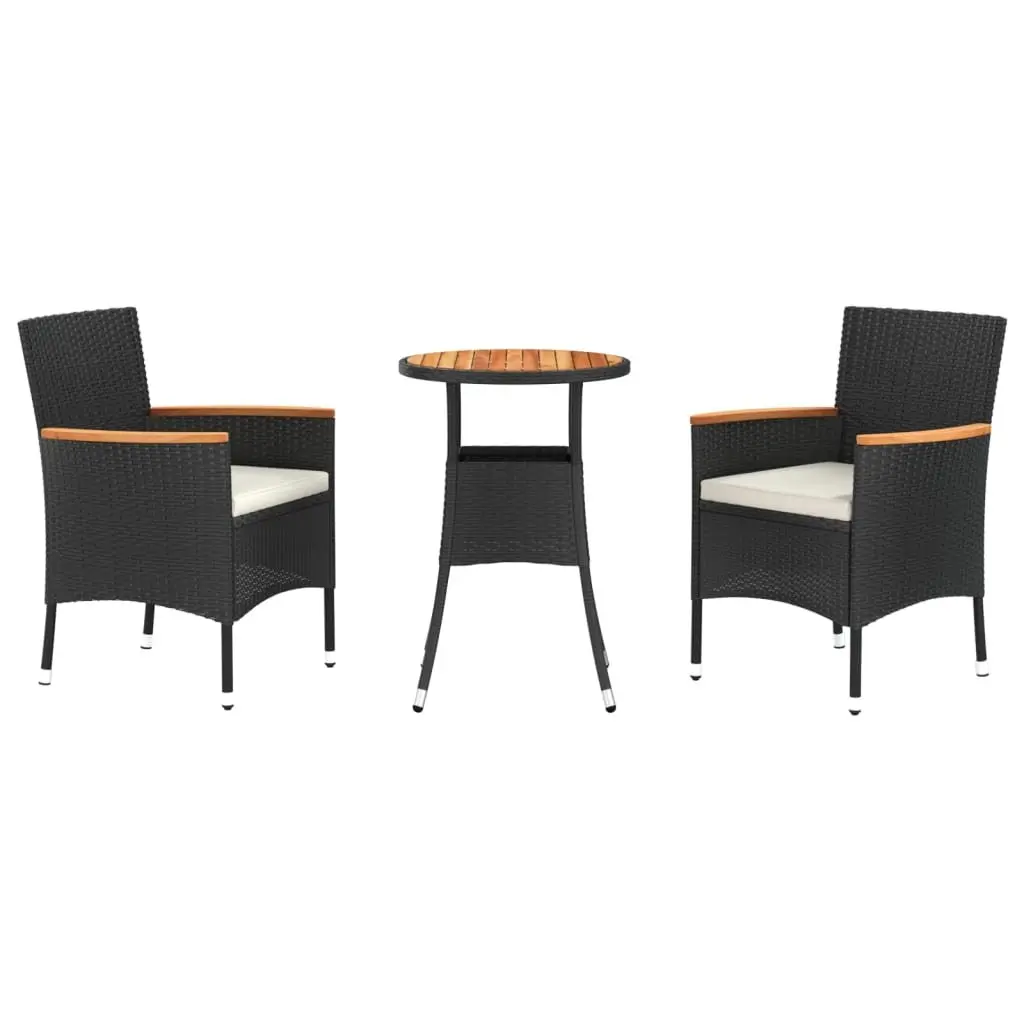 Bistro Set 3 Piece Outdoor Furniture Black Poly Rattan with Cushions