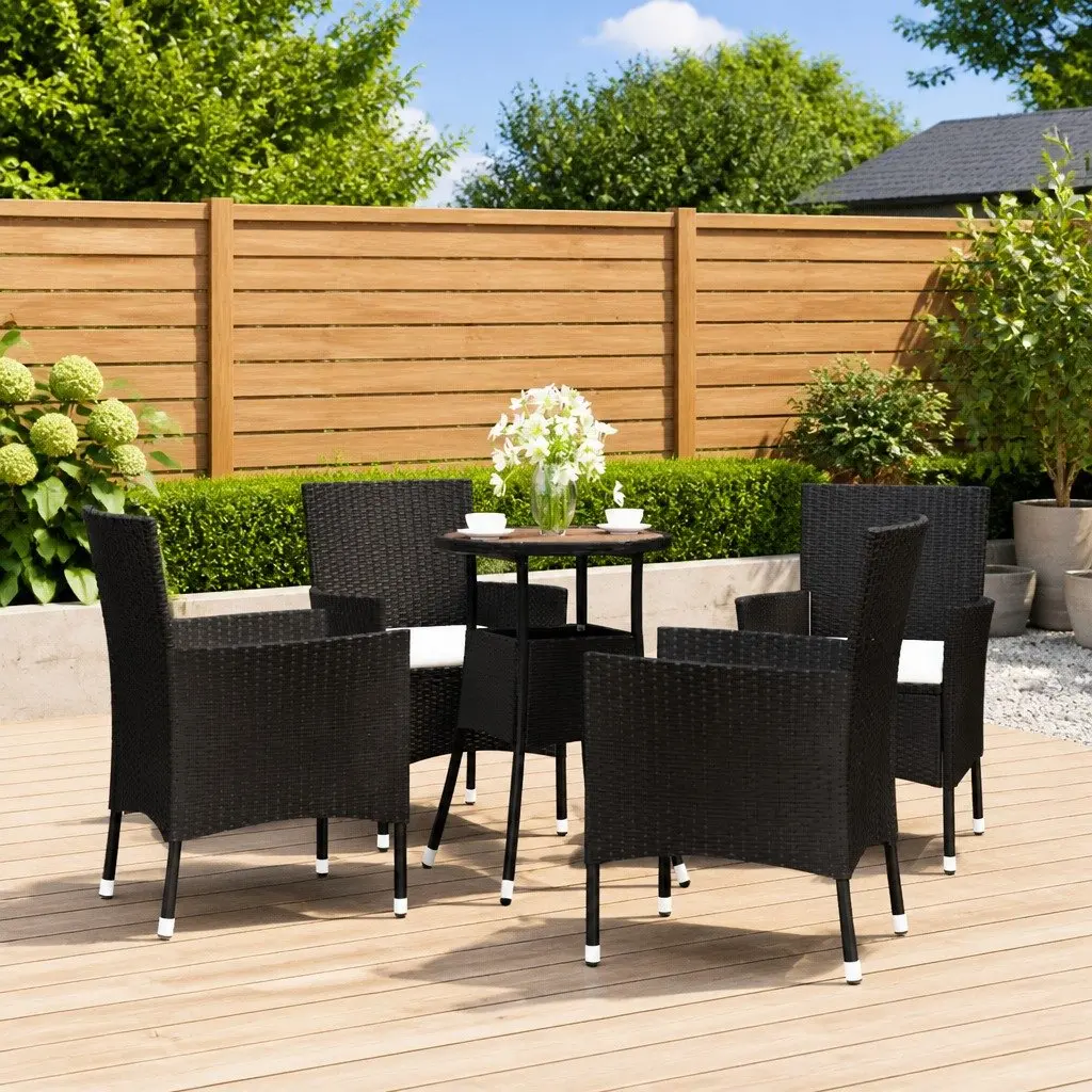 5 Piece Garden Bistro Set Black PE Rattan Outdoor Furniture with Cushions