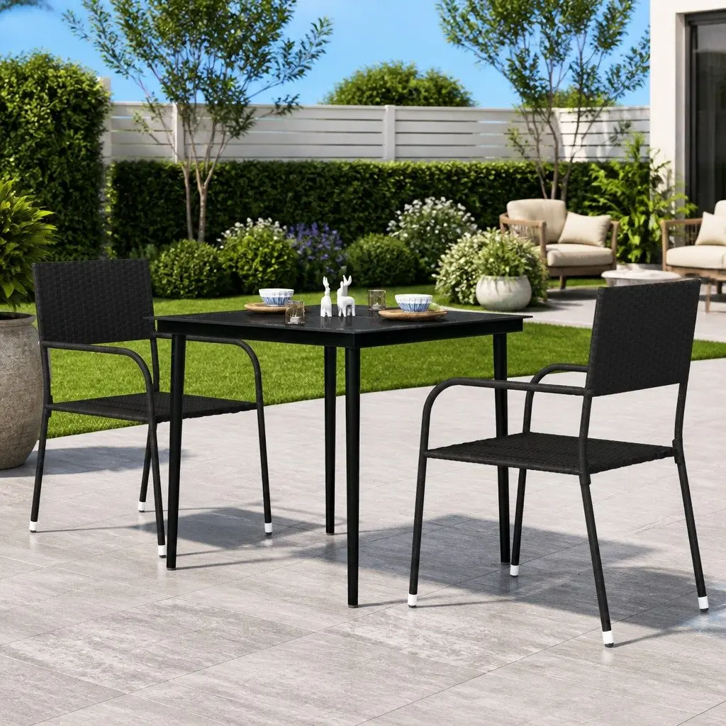 Garden Dining Table Black Steel Frame Glass Top 80 x 80 x 74 cm
