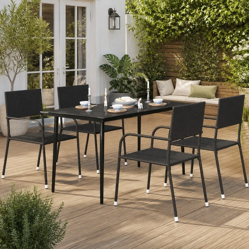 Garden Dining Table Minimalist Steel Frame Glass Top Black 140x70x74 cm
