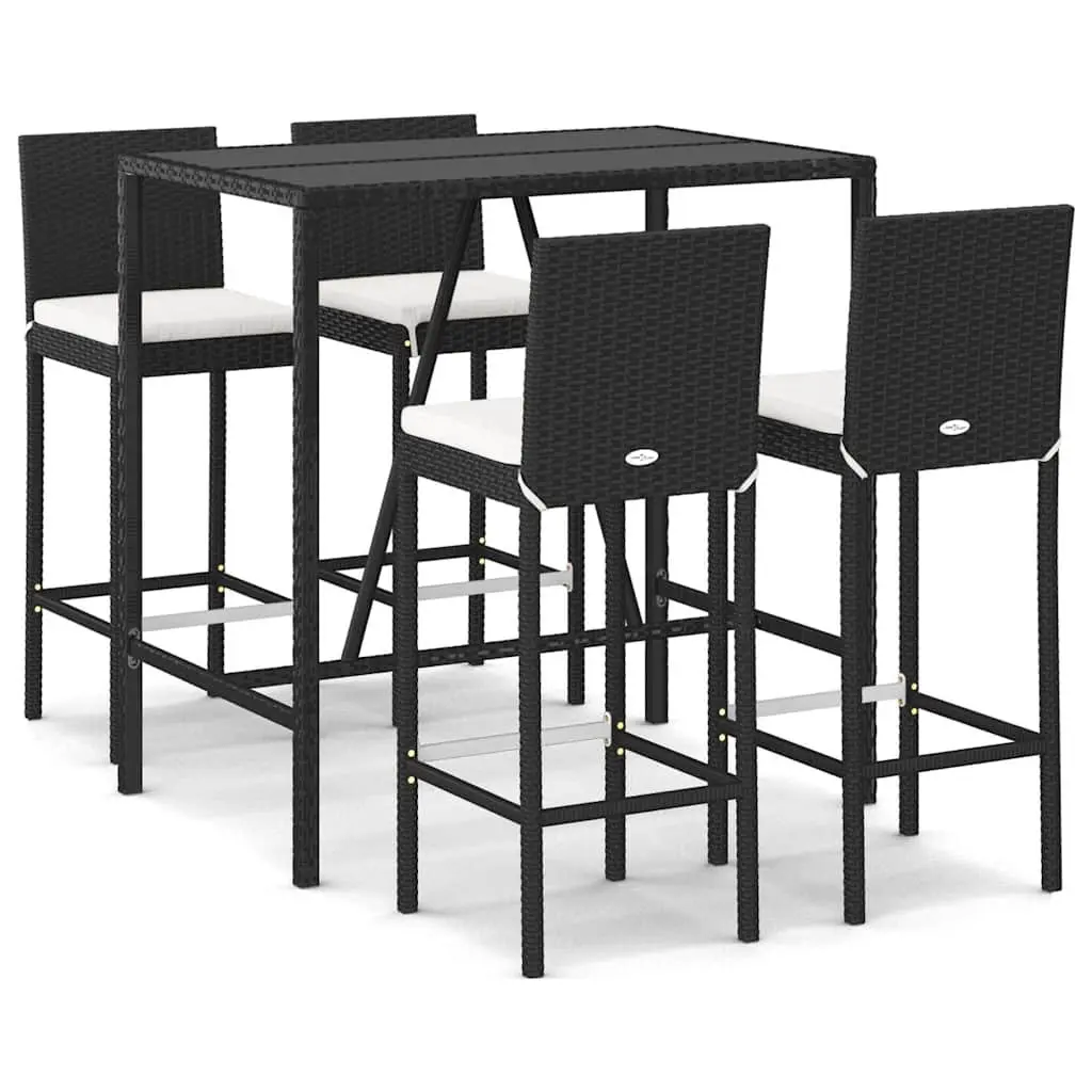 Outdoor Bar Set 5 Piece Black Poly Rattan with Cushions Patio Furniture