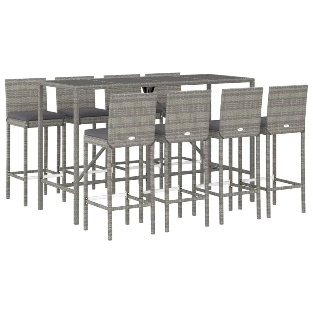 Outdoor Bar Set Grey Poly Rattan 9 Piece Garden Patio Furniture with Cushions