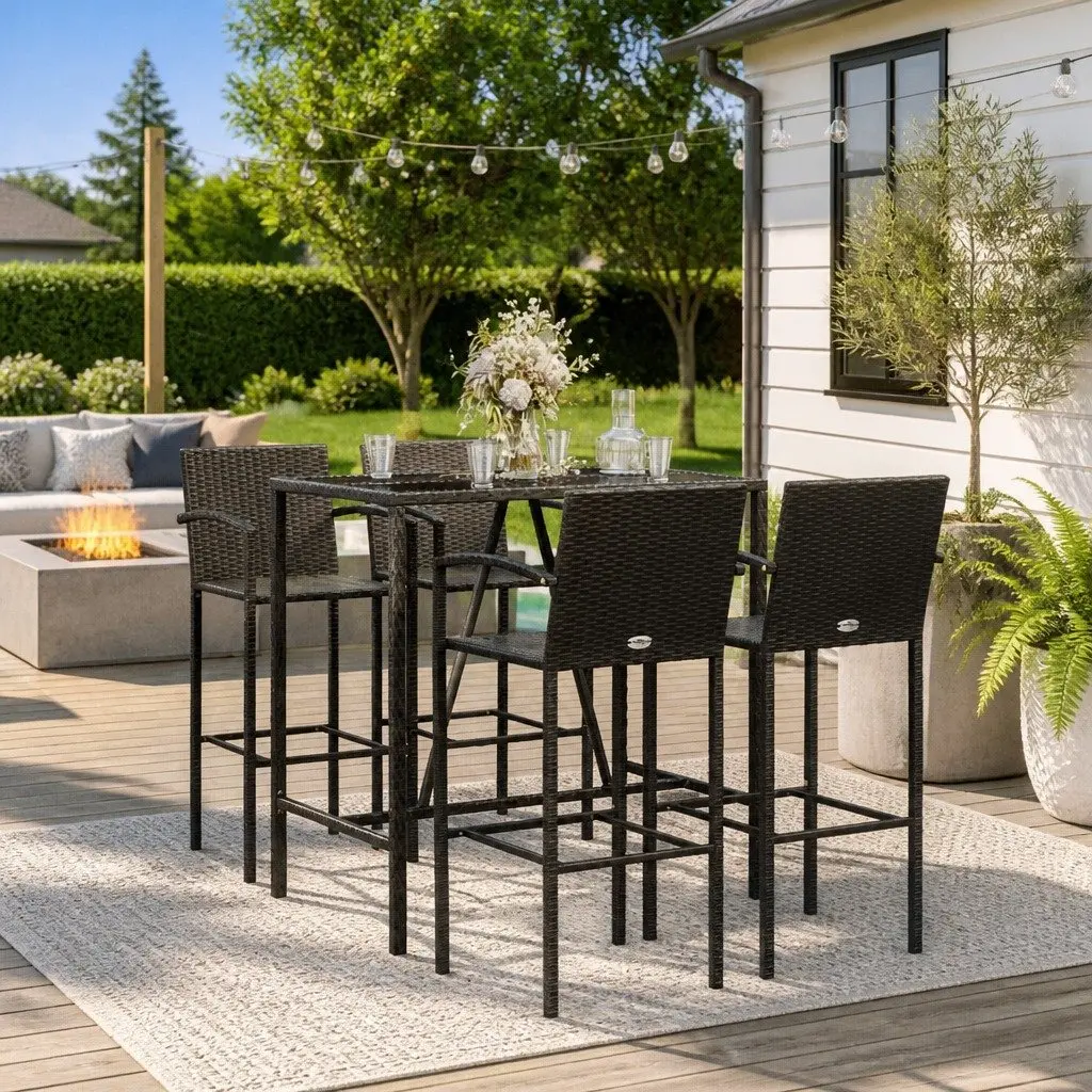 5 Piece Outdoor Bar Set Black Poly Rattan Garden Patio Furniture with Stools