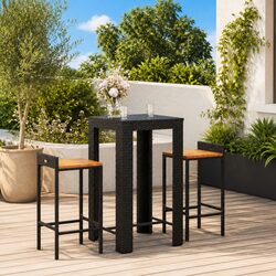 Garden Bar Set 3 Piece Outdoor Furniture Black Poly Rattan Acacia Wood Stools