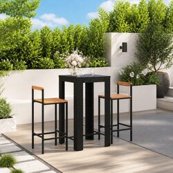 3 Piece Garden Bar Set Black Poly Rattan Wood Acacia Outdoor Patio Furniture