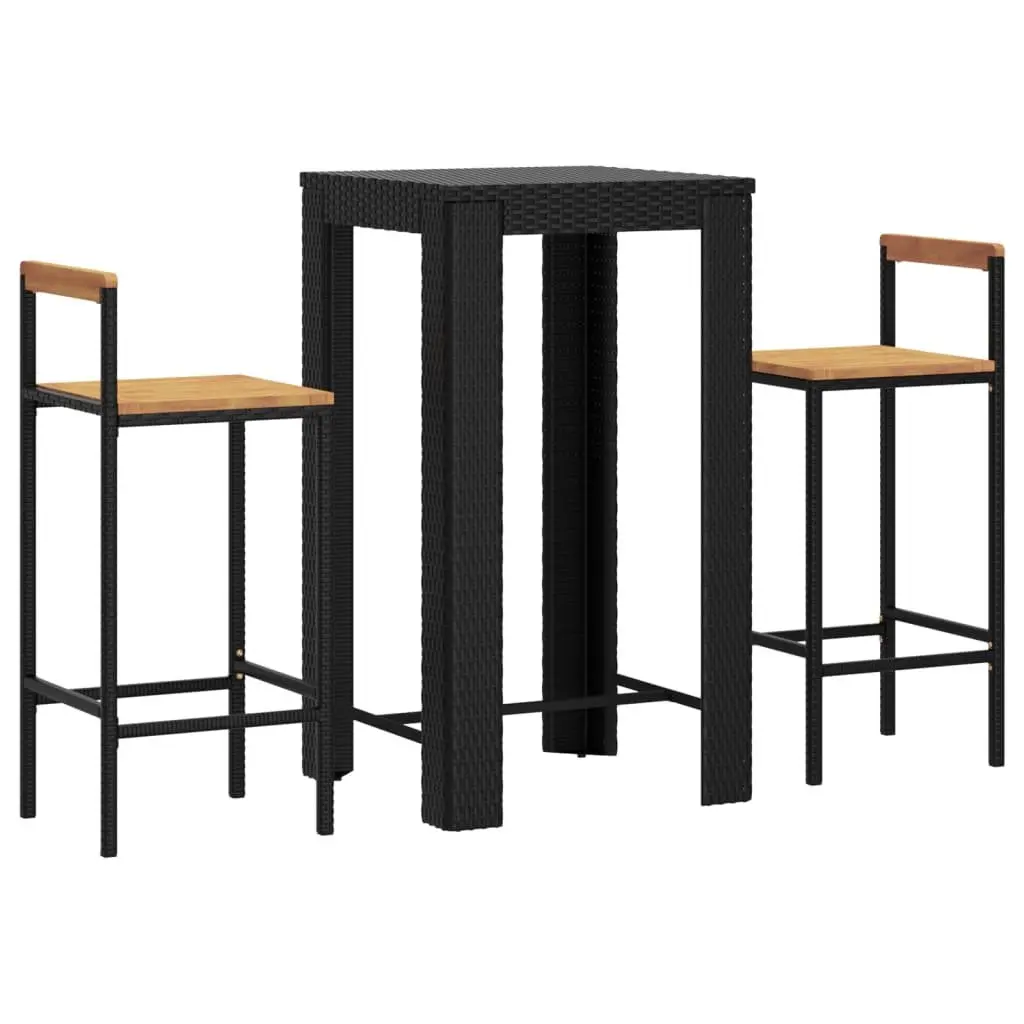 3 Piece Garden Bar Set Black Poly Rattan Wood Acacia Outdoor Patio Furniture