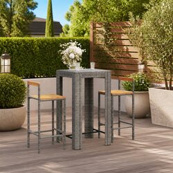 Garden Bar Set 3 Piece Grey Poly Rattan Wooden Seat Outdoor Patio Furniture