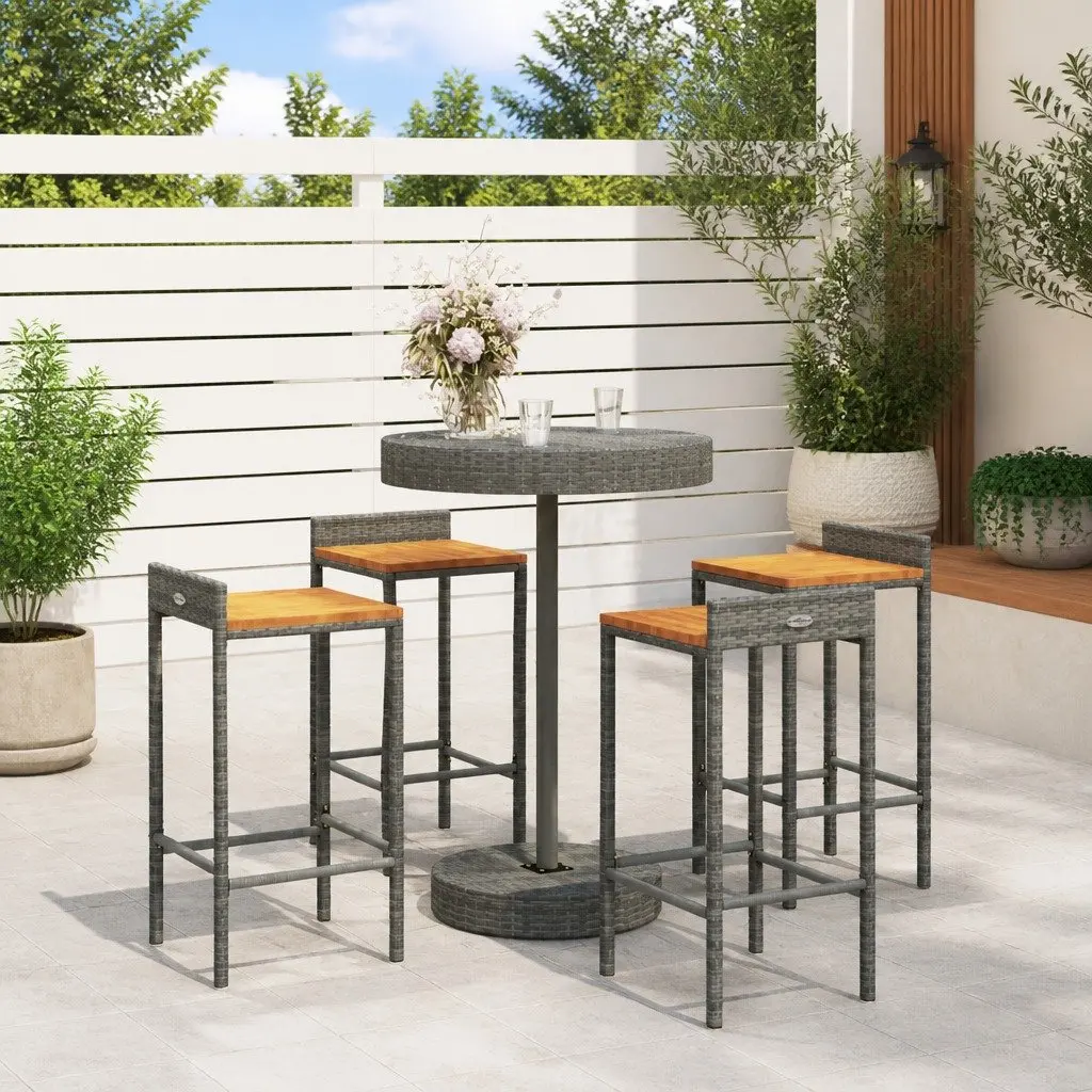 Garden Bar Set Grey Poly Rattan Wood Stools Table 5 Piece