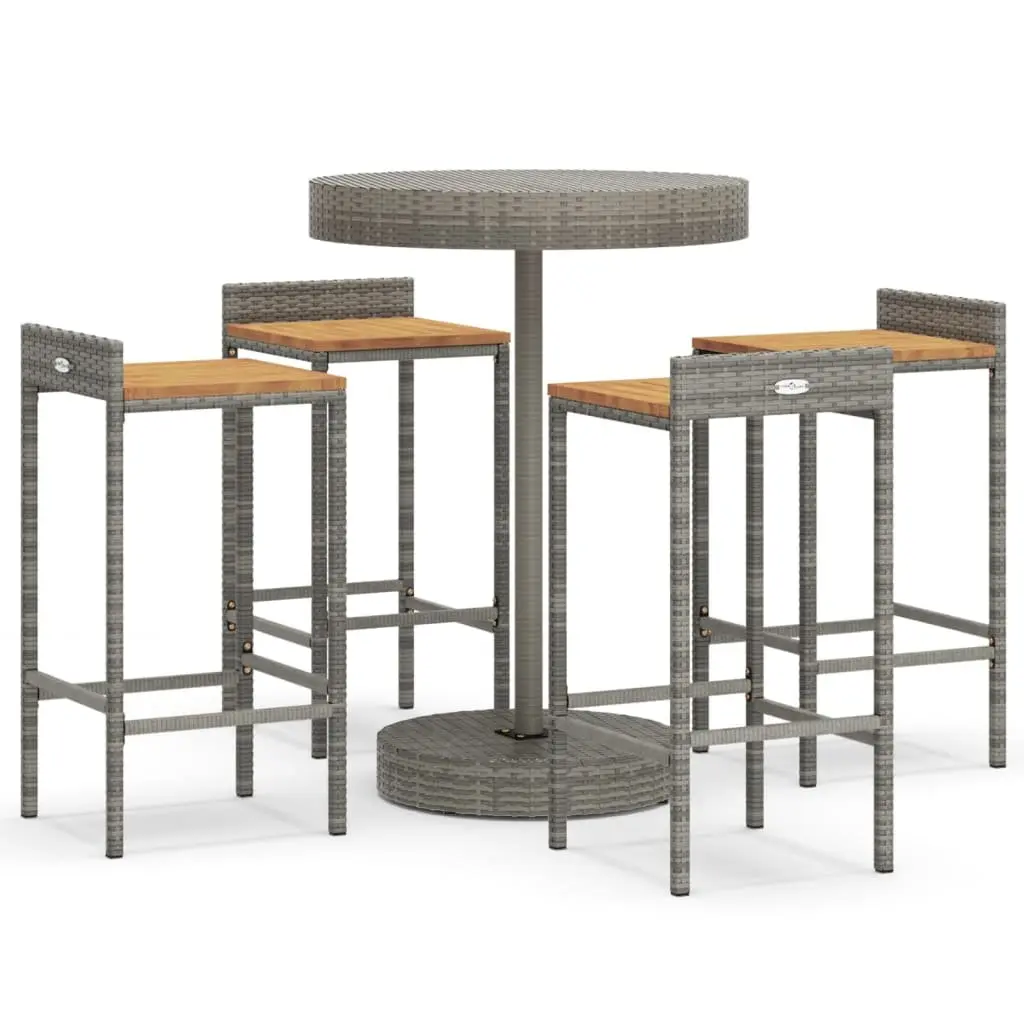 Garden Bar Set Grey Poly Rattan Wood Stools Table 5 Piece