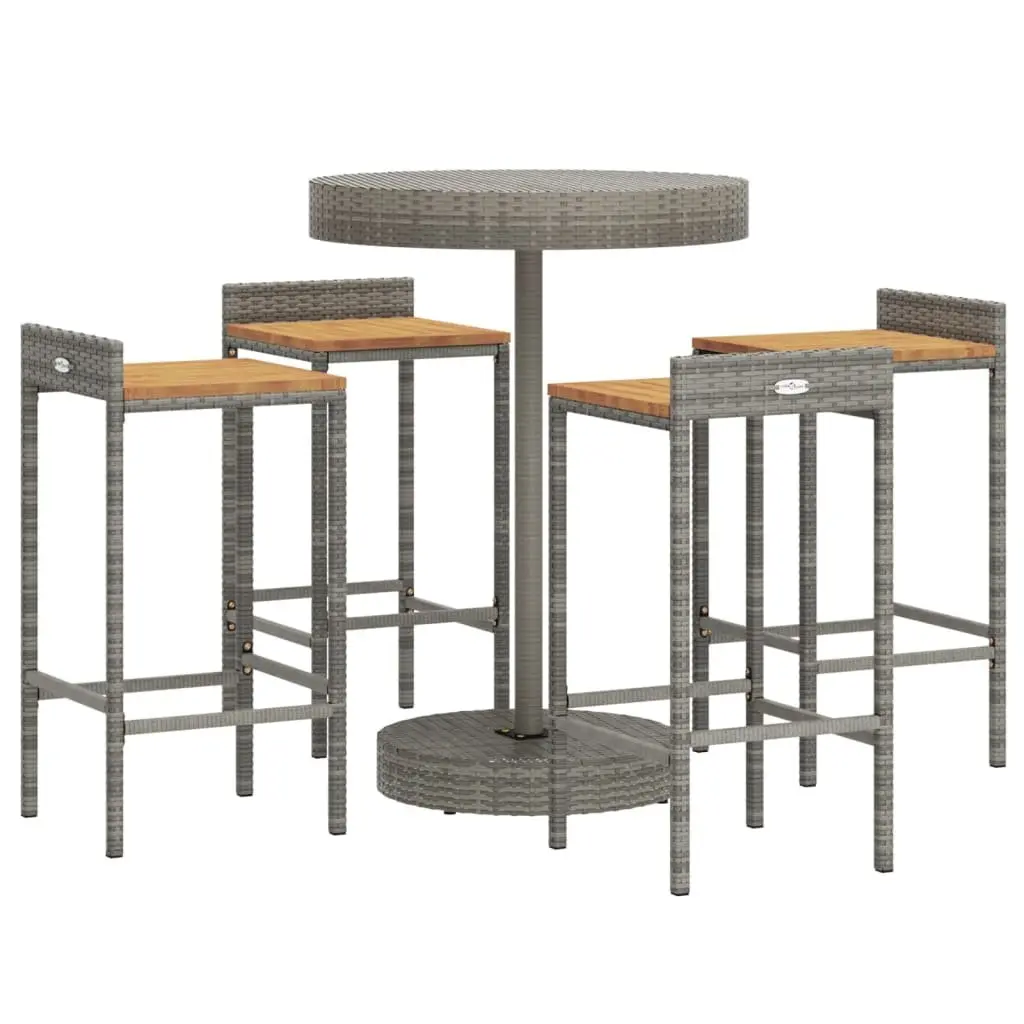 Garden Bar Set Grey Poly Rattan Wood Stools Table 5 Piece