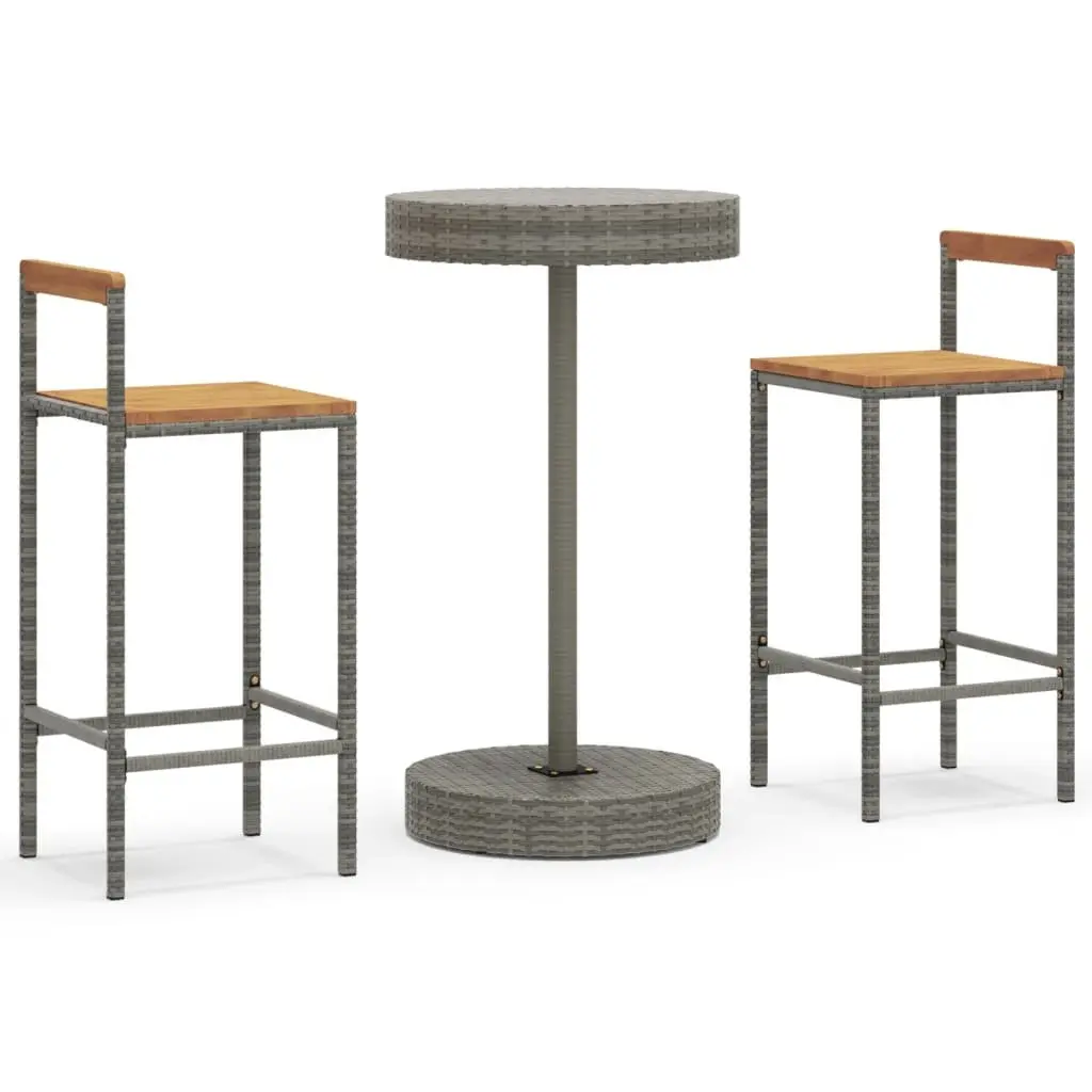 Garden Bar Set Grey Poly Rattan 3 Piece Outdoor Furniture with Round Table and Wooden Stools