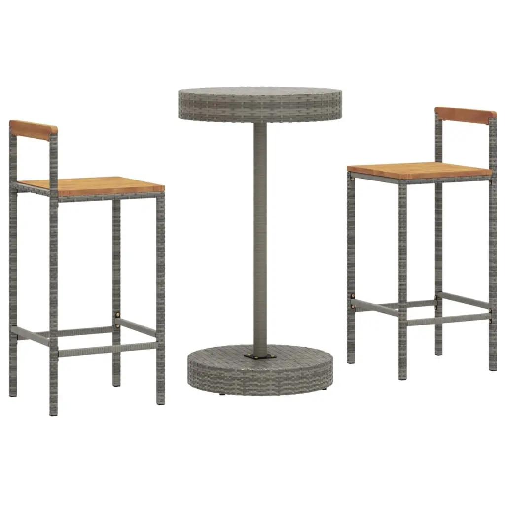 Garden Bar Set Grey Poly Rattan 3 Piece Outdoor Furniture with Round Table and Wooden Stools