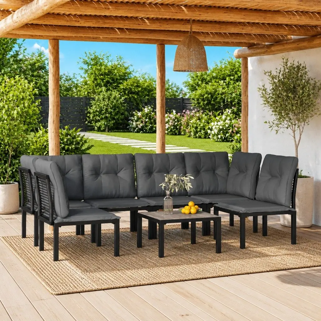 7 Piece Modular Outdoor Garden Lounge Set Black Grey Poly Rattan Furniture