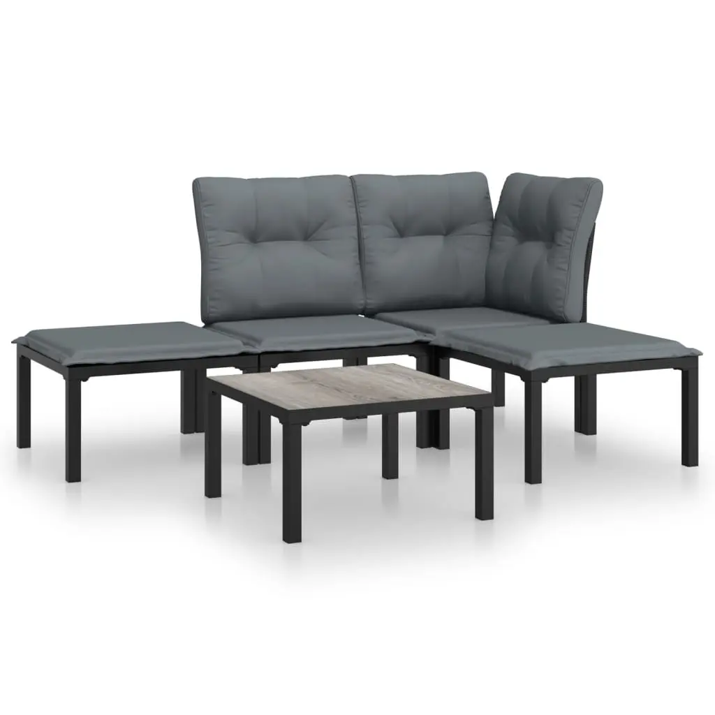 5 Piece Modular Outdoor Lounge Set with Cushions Black Grey Poly Rattan Garden Furniture