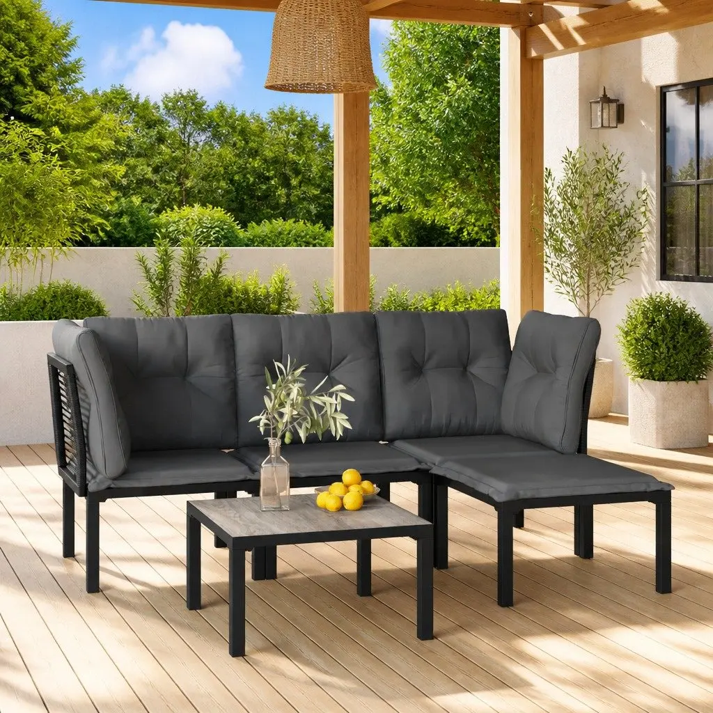 5 Piece Outdoor Lounge Set Modular Weather Resistant Poly Rattan Black Grey Patio Furniture