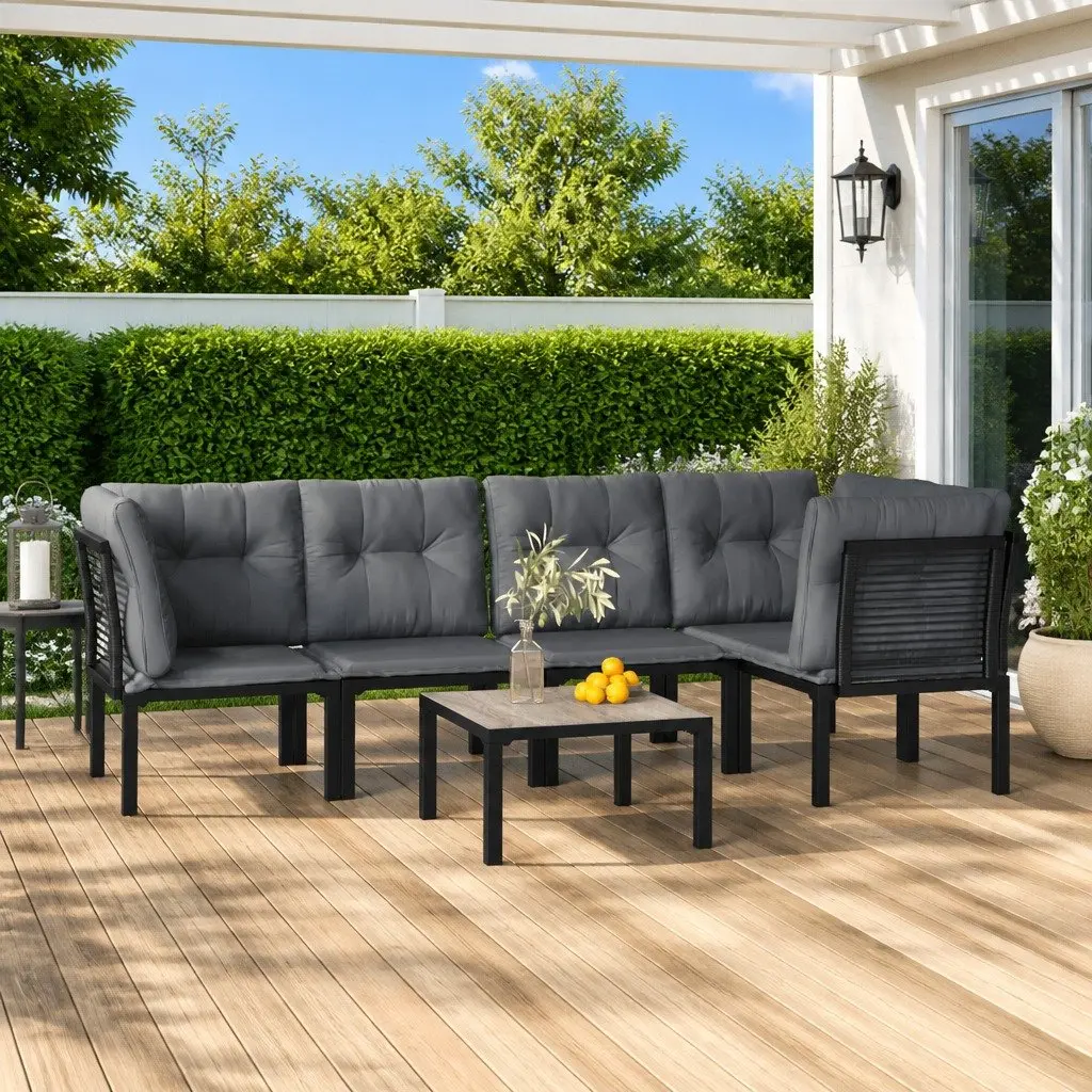 Garden Lounge Set Outdoor Furniture Modular Black Grey Padded Cushions Poly Rattan 6 Piece