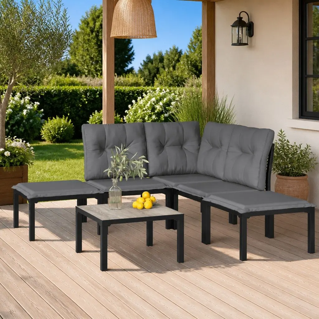 6 Piece Outdoor Garden Lounge Set Weather-Resistant Poly Rattan Black Grey