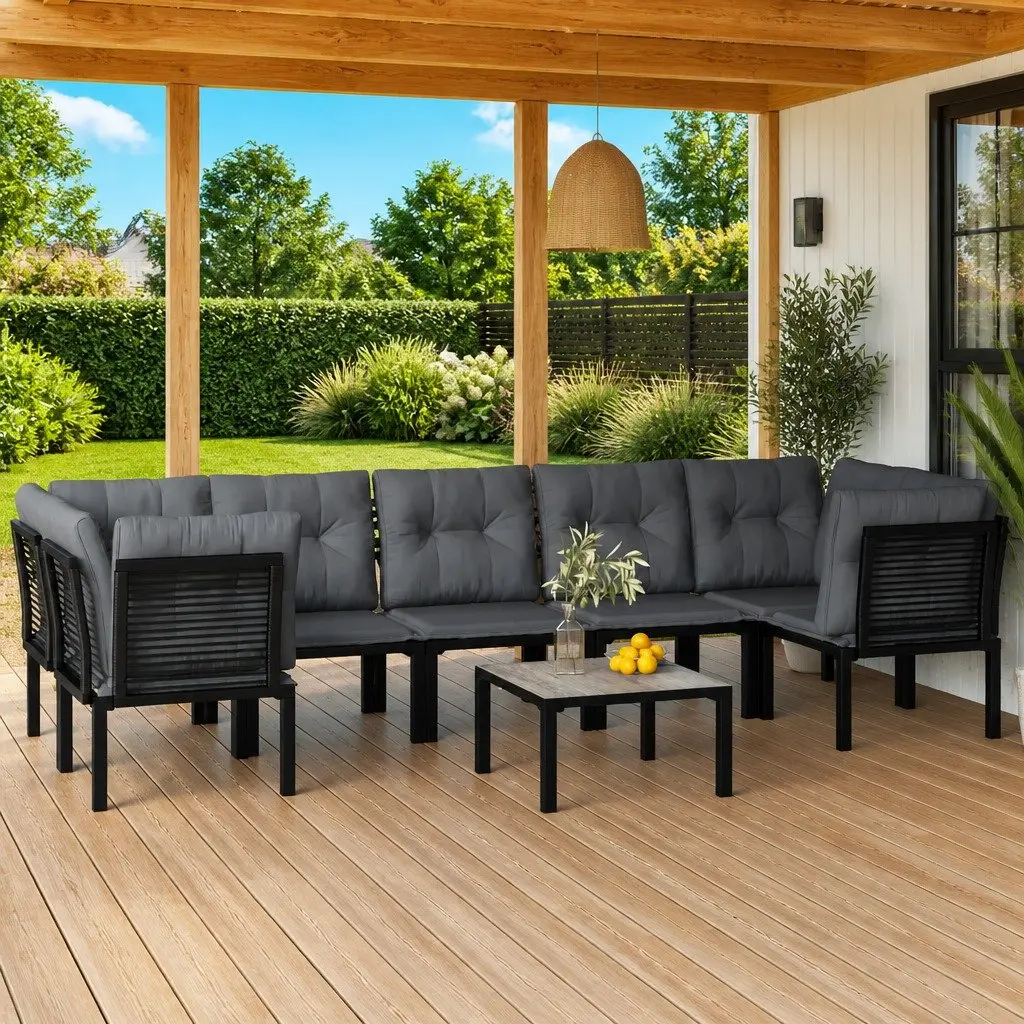 Garden Lounge Set 8 Piece Outdoor Furniture Poly Rattan Black Grey Patio Sofa