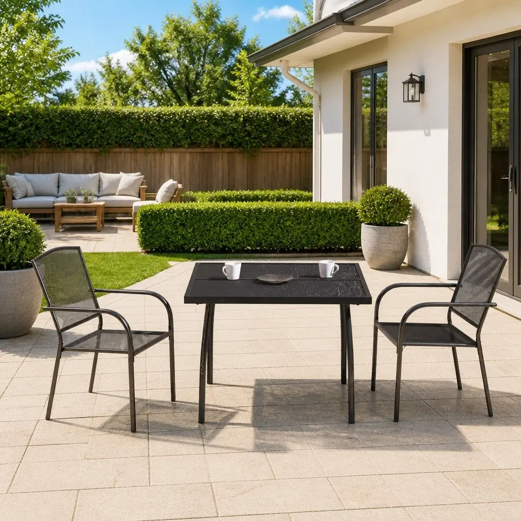 3 Piece Anthracite Steel Frame Outdoor Dining Set with Stackable Chairs and Table