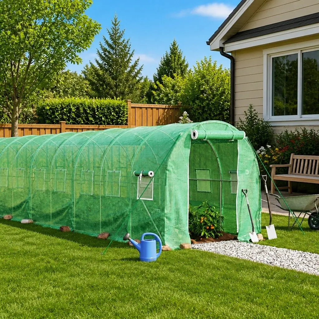 Greenhouse Steel Frame 12x2x2m UV-Resistant PE Cover with Roll-Up Door and Mesh Windows