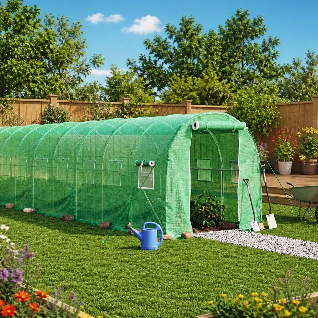 Greenhouse UV Resistant PE Cover Steel Frame 16x2x2m 32m² Garden Plant House