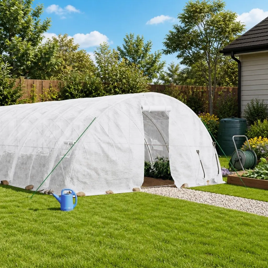 White Outdoor Grow Shelter Steel Frame 30 m² Greenhouse for Plants and Vegetables with Durable PE Cover and Zippered Roll-Up Door