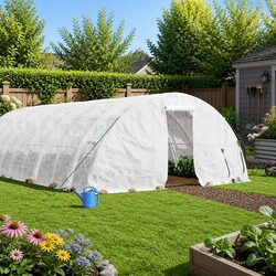 Greenhouse 20x5x2.3m 100m² White Steel Frame PE Cover Roll-Up Door Garden